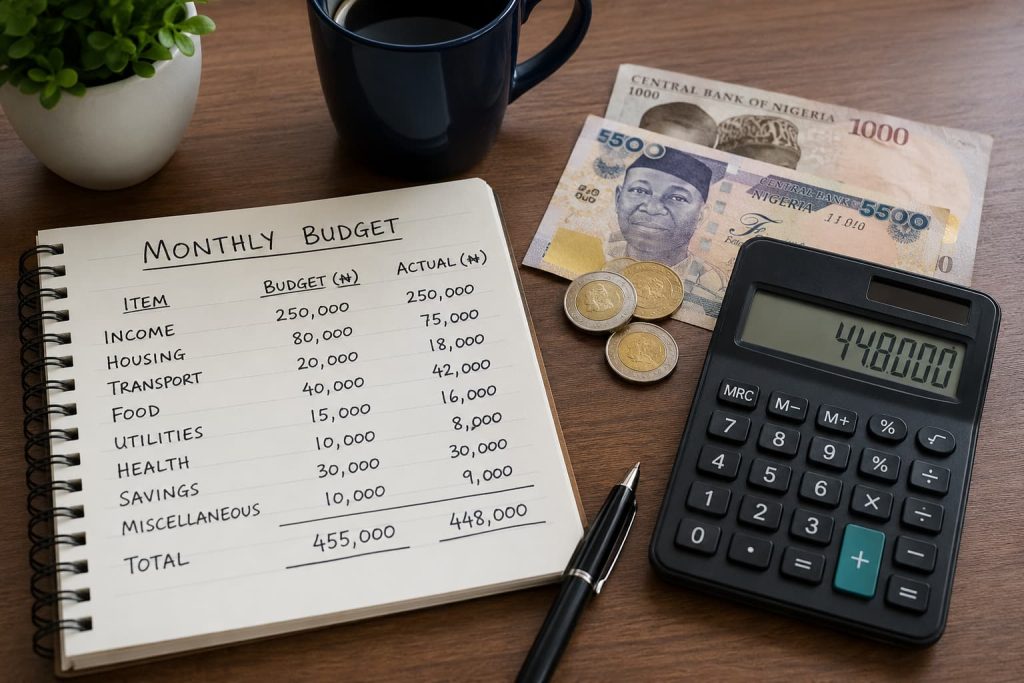 Budgeting in Nigeria with a monthly budget notebook, Nigerian naira notes, calculator, and expense plan