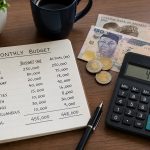Budgeting in Nigeria with a monthly budget notebook, Nigerian naira notes, calculator, and expense plan