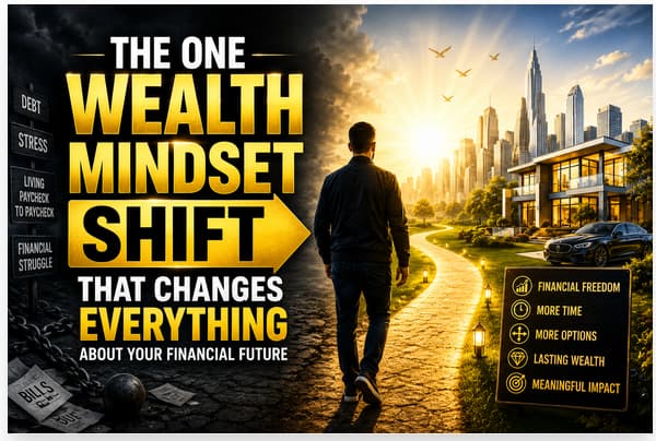 Wealth mindset shift showing a man moving from financial struggle toward financial freedom, greater opportunities, and lasting wealth