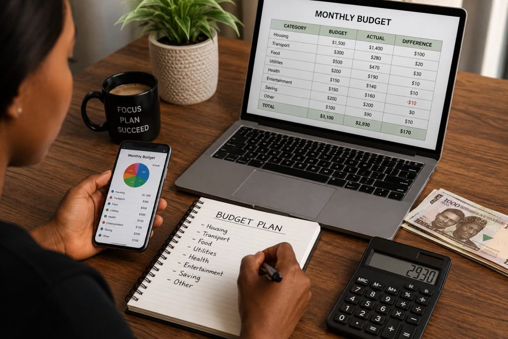 How to budget money with a laptop, budget notebook, calculator, and smartphone showing a monthly budget plan
