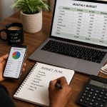 How to budget money with a laptop, budget notebook, calculator, and smartphone showing a monthly budget plan